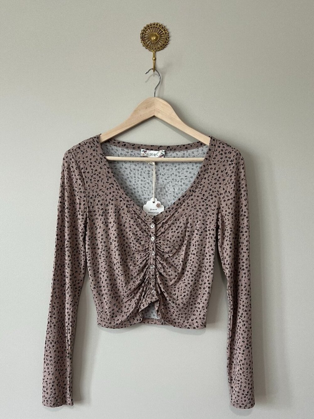 Pink Rose Leopard Print Ruched Crop Top Large NWT Y2K Long Sleeve Ribbed